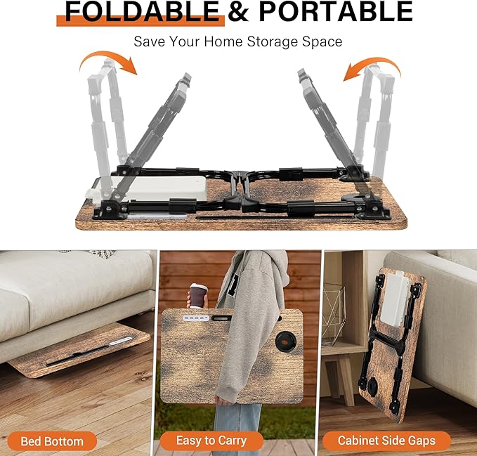Laptop Desk for Bed Height Adjustable, Lap Bed Table with USB/Storage Drawer/Cup Holder/Tablet Stand/Book Shelf, Foldable Breakfast Tray Portable for Reading Writing, Sofa & Floor, Carbonized