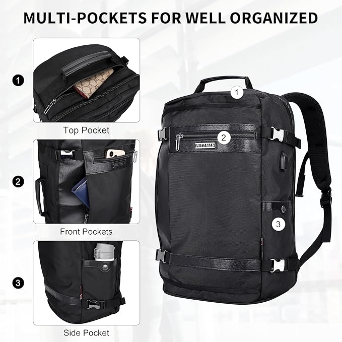 WITZMAN Travel Backpack for Men Women Laptop Backpack with USB Charging Port Carry-on Luggage Flight Approved(B686 Black)
