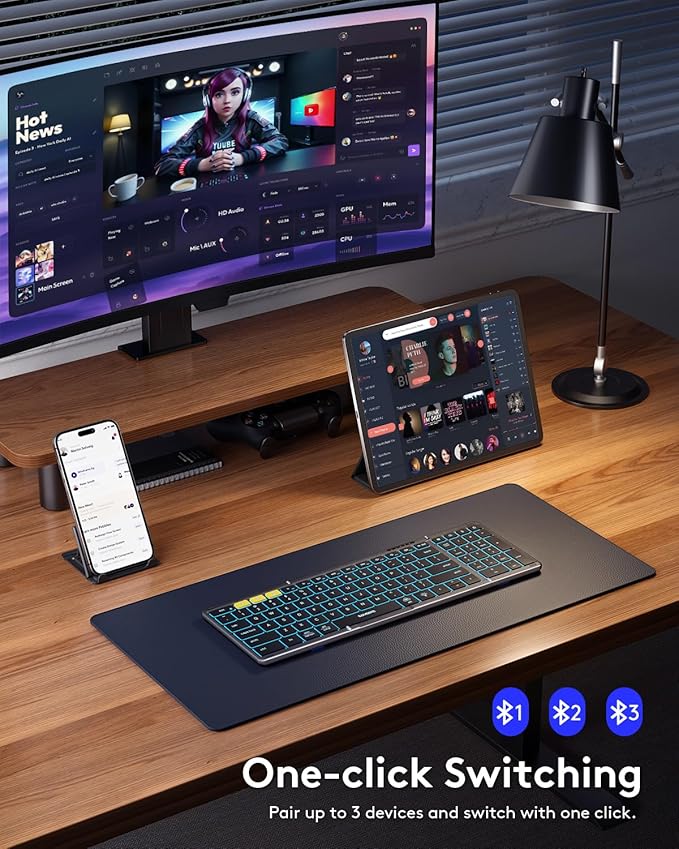 Foldable Bluetooth Keyboard with Numeric Keypad, Samsers Full-Size Wireless Folding Keyboard with Backlight, Portable Travel Keyboards for iOS Android Windows Mac OS, Support 3 Device(BT5.1 x 3), Gray