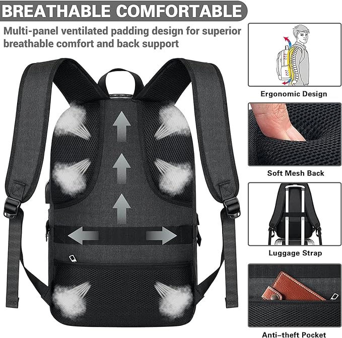 AMBOR Travel Laptop Backpack for Ｍen, 15.6-17.3 inch Laptop Backpack for School, Anti Theft Business Work Backpack with USB Charging Port, Water Resistant College Computer Bag for Men & Women, Black