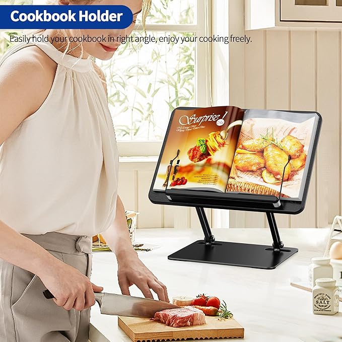 BESIGN BS01 Book Stand for Reading, Adjustable Book Holder, Ergonomic Laptop Stand with Elastic Page Clips for Music Scores, Recipe, Tablet, Laptop (Black)