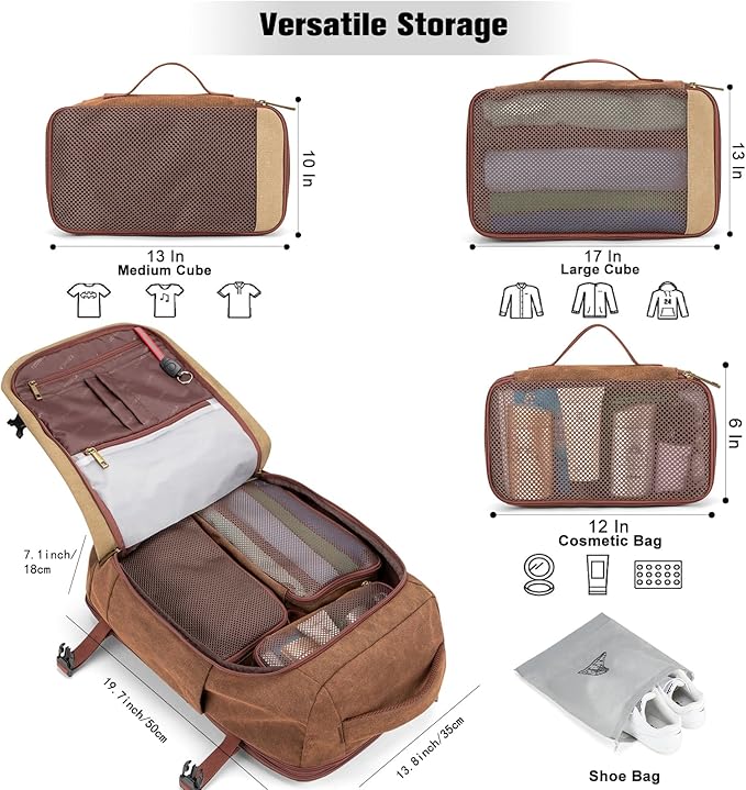 Tzowla 40L Canvas Travel Laptop Backpack for Men Women Carry on Flight Approved,Large Capacity Anti Theft Backpacks with USB Port,Vintage Business Rucksack Bag Fit 17.3 Inch Laptop(Brown & Khaki)