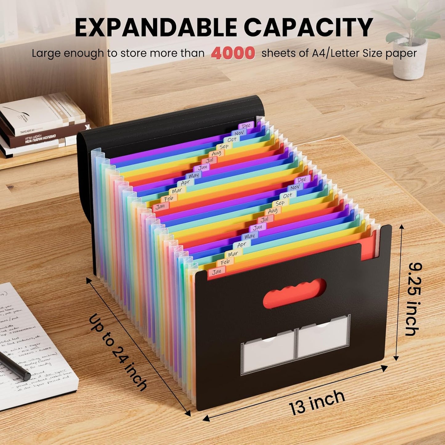 Sooez 24 Pockets Expanding File Folder with Blank Labels, According File Organizer with Expandable Cover, Desktop Accordion Folders Letter A4 Paper Document Storage Organizer, Black