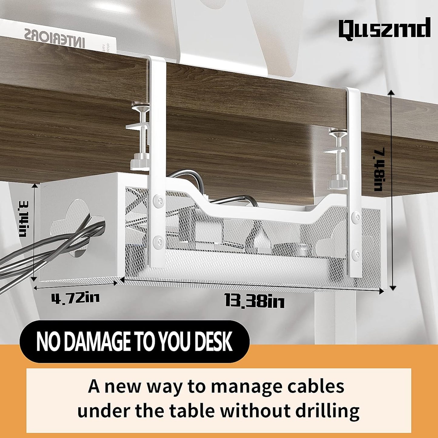 Under Desk Cable Management Tray 13.38", Quszmd Cable Organizer No Drill, Standing Cord Organizer and Wire Management Tray - No Damage to Desk, White