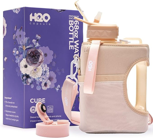H2O Capsule Half Gallon Cube Square Water Bottle - 2.2L Water Bottle with Strap, Storage Sleeve, Covered Straw and Chug Lid – BPA Free Reusable Sports Water Jug with Handle, (68 Ounce), (Neutral)