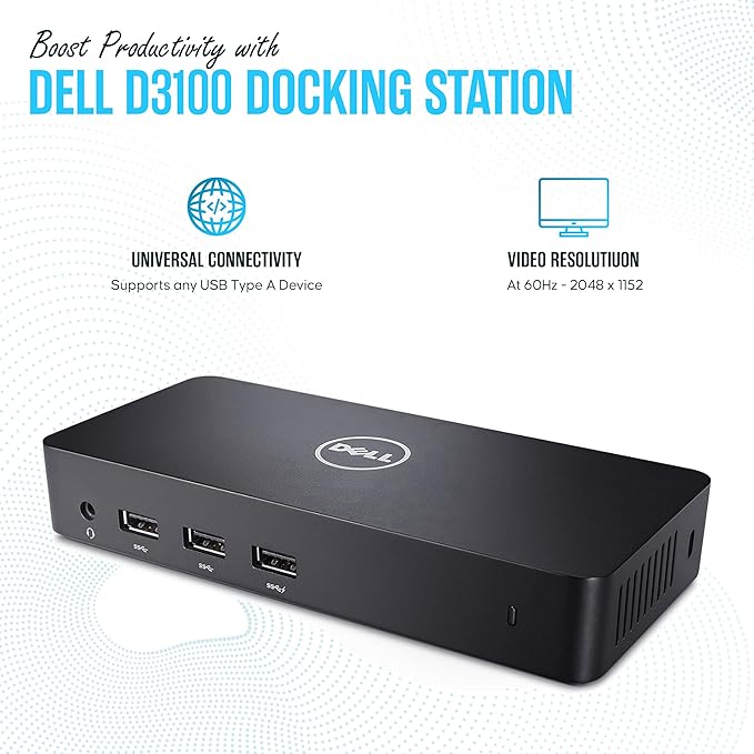 Dell D3100 Dock USB 3.0 Ultra HD/4K Triple Display Docking Station Dual Monitor with 65W, HDMI & USB 3.0 Cable