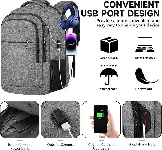Lapsouno Business Laptop Backpack, Travel Backpack, 15.6 Inch Carry on Backpack, Anti-Theft College School Computer Backpack with USB Port, Gift for Men Women, Grey