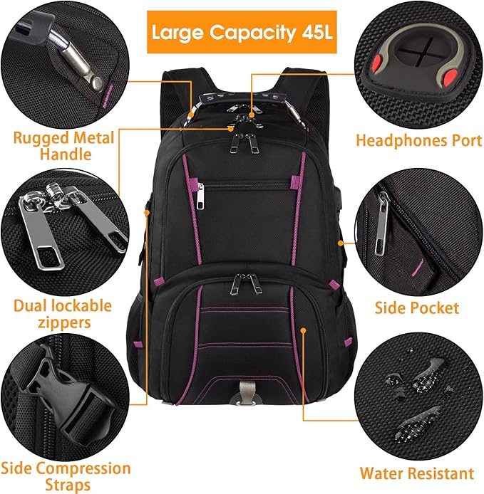 LTINVECK Extra Large Backpack,TSA Friendly Travel Laptop Computer Backpack for Men Women with USB Charging Port,RFID Water Resistant Big Business Backbag Fits 17.3 Inch Laptops,Purple
