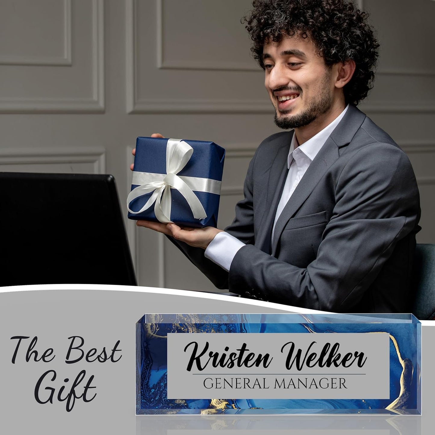 Personalized Name Plate for Desk - Custom Engraved Name Plates for Man - Boss Day Gifts for Boss - Acrylic Office Decor Appreciation Gifts for Teacher Nurse Coworker Social Worker (Navy)