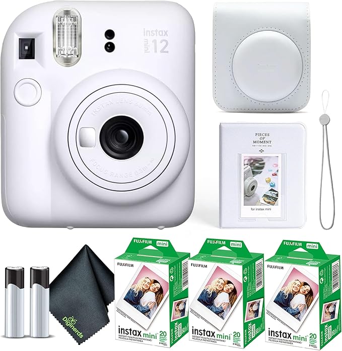 Fujifilm Instax Mini 12 Instant Camera Clay White Bundle with Fuji Instax Mini Film Value Pack (60 Sheets) + Protective Carrying Case + Photo Album + Microfiber Cleaning Cloth