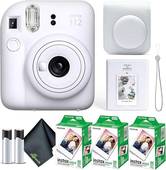 Fujifilm Instax Mini 12 Instant Camera Clay White Bundle with Fuji Instax Mini Film Value Pack (60 Sheets) + Protective Carrying Case + Photo Album + Microfiber Cleaning Cloth