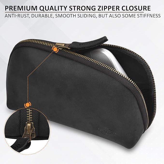 Leather Tech Pouch for Cables Chargers Phone | Tech Bag | Zipper Travel Accessory Pouch | Electronic Organizer Case Travel Bag (Black)