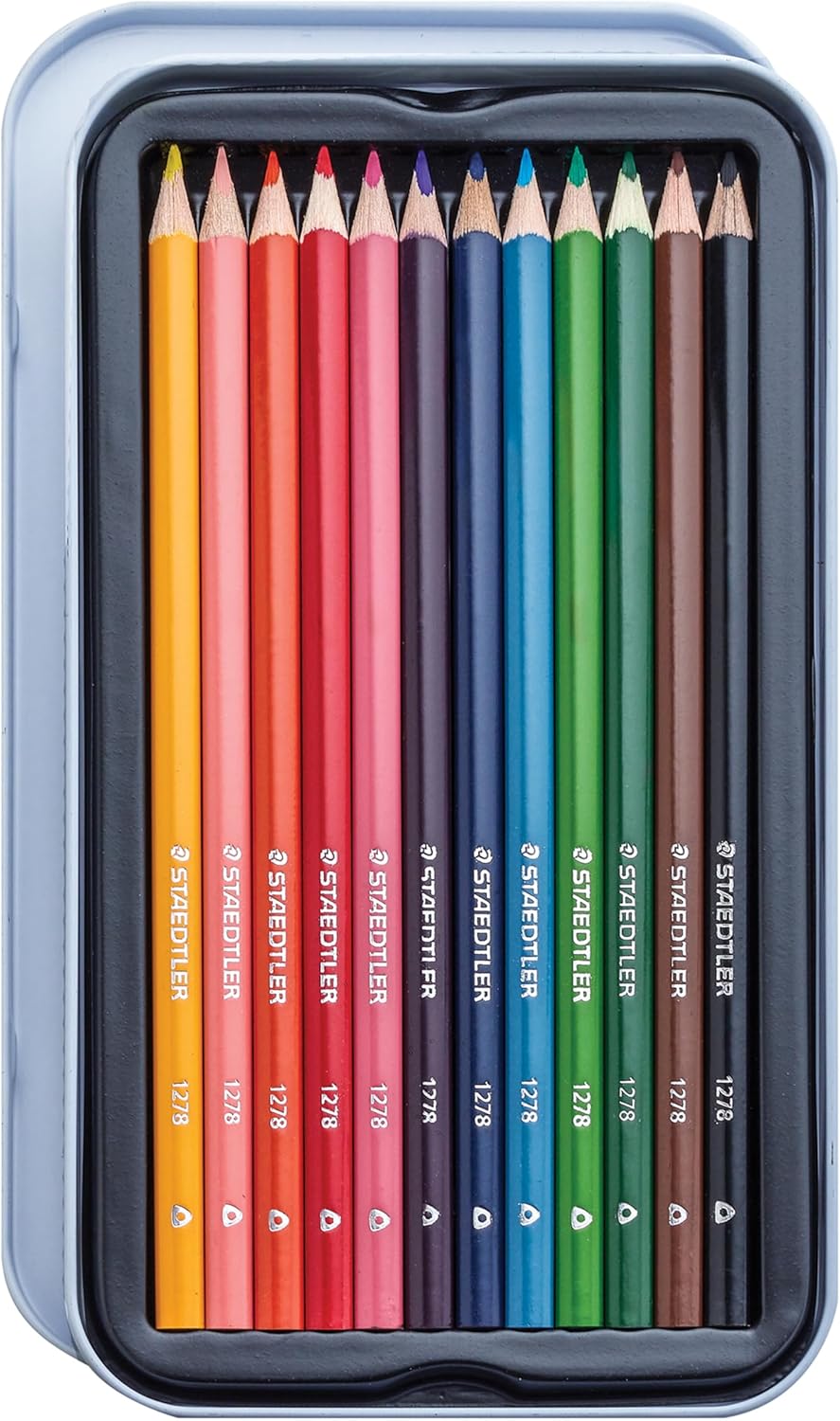 STAEDTLER Colored Pencils, Triangular Barrel, 12 Pack Assorted, Metal Tin 1278 M12