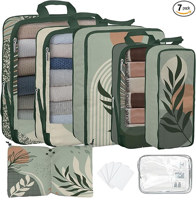 7 Pcs Compression Packing Cubes for Travel, Waterproof Suitcase Luggage Backpack Organizer with Toiletry Bag Travel Essentials for Women/Men-Green Bohemia