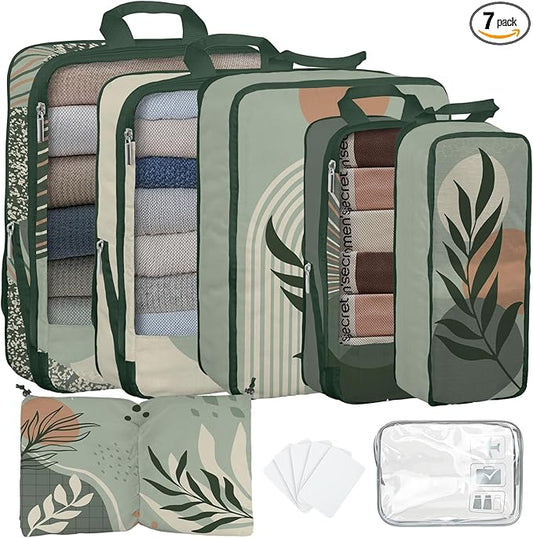7 Pcs Compression Packing Cubes for Travel, Waterproof Suitcase Luggage Backpack Organizer with Toiletry Bag Travel Essentials for Women/Men-Green Bohemia