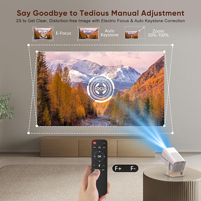 Mini Projector with Bluetooth, Electric Focus Portable Movie Projector with 270° Rotatable, 1080P HD Support, Auto Keystone, Compatible with Smartphone, TV Stick, Laptop, HDMI for Bedroom, Outdoor Use