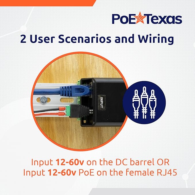 PoE Texas 24 Volt Passive PoE Injector (Mode B) - DC-Powered Gigabit Inline Converts 12-60V in to 24 Volt Passive PoE Out Up to 30 Watts - Variable DC PoE Injector for Solar Powered Installations