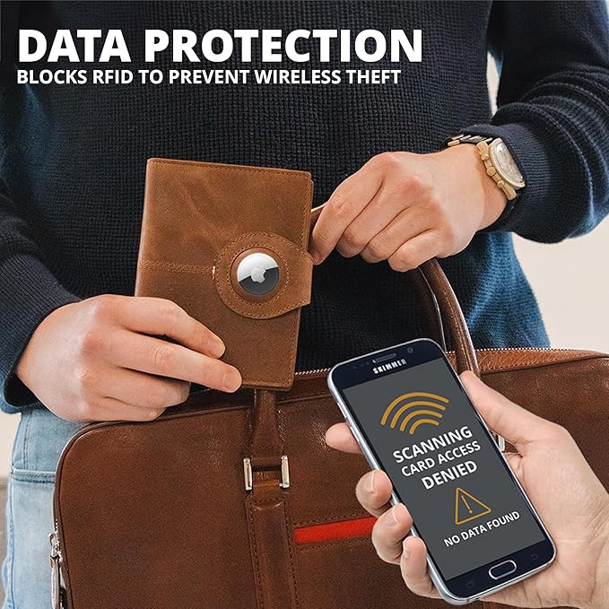 GARZINI Passport Holder with AirTag, Passport Wallet with RFID, Travel Accessories, Travel Document Holder with ID Window, Leather Passport Holder for 7 Cards, Brushed Brown