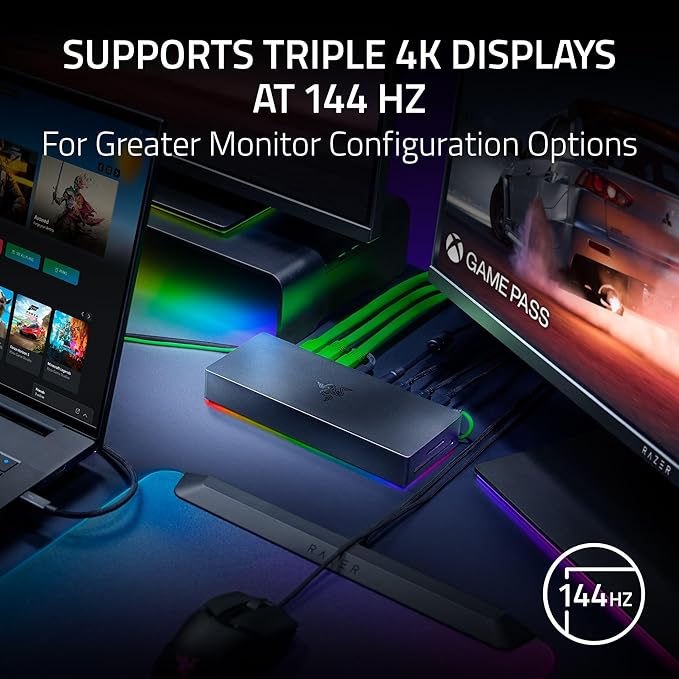 Razer Thunderbolt 5 Dock Chroma: 11 Port Docking Station with M.2 SSD Slot - 120Gbps Transfer Speeds - 3X 4K Displays at 144 Hz on TB5/4 Laptops - 140W PD Charging - Active Cooling - TB Share - Black