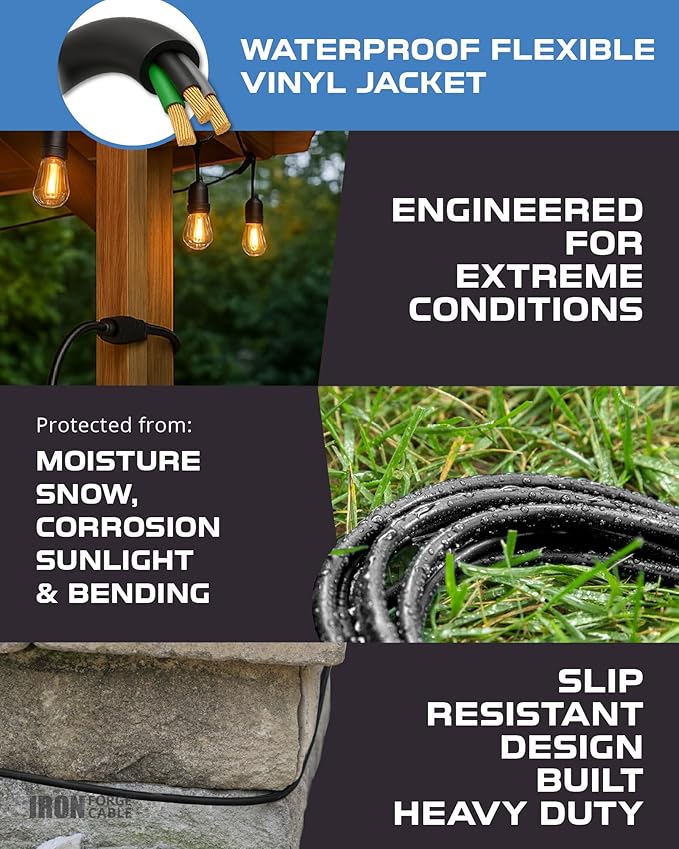 Iron Forge Cable 2 Pack 3 Ft Black Extension Cord, 16/3, 3 Foot Extension Cord, 3 Prong, Weatherproof - Great for Outside Use