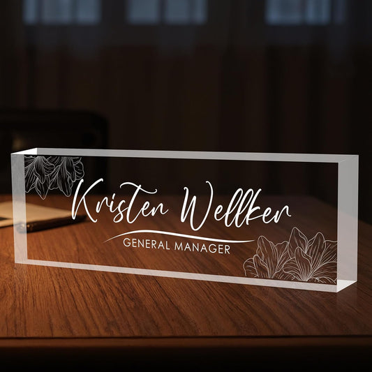 Custom Office Name Plate for Desk, Desk Name Plate Personalized, Personalized Gifts for Women, Appreciation Gifts for Employee Coworkers Boss Teacher, Office Accessories (Engrave Flowers)