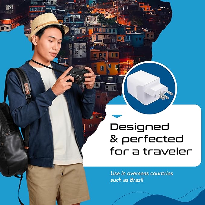 Ceptics Brazil Travel Adapter Plug With Dual USB - USA Input - Type N - Ultra Compact - Perfect for Cell Phones, Laptop, Camera Chargers, iWatch and More (CTU-11C)