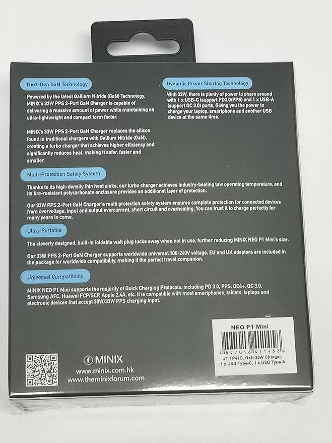 MINIX P1 Mini 30W USB C Charger, 33W PPS 2-Port GaN Charger 1 USB-C Port, 1 USB-A Port with Foldable Plug, Compatible with iPhone 8-15/16 Series, Galaxy S10-S23, Pad and More