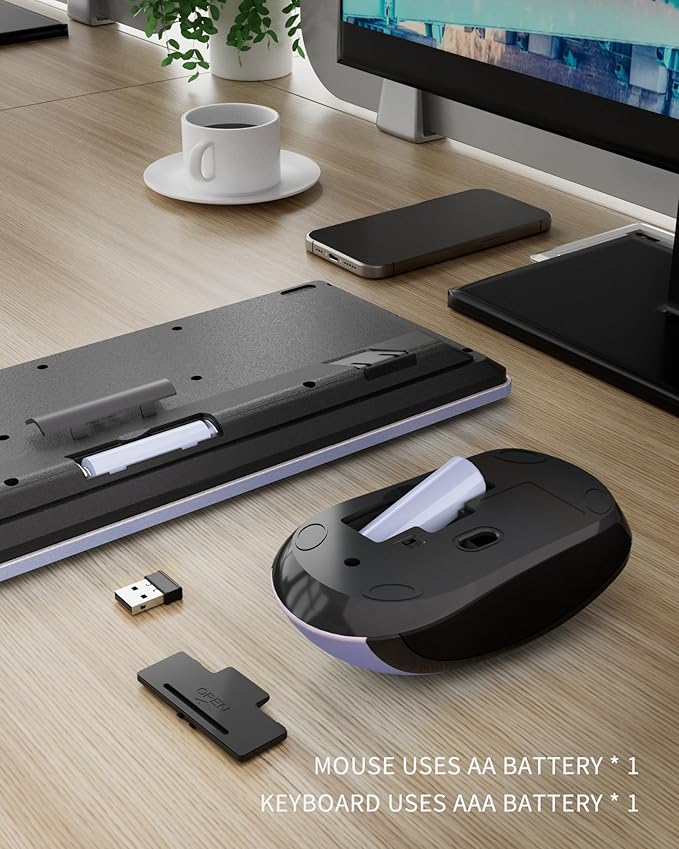 Wireless Keyboard Mouse Combo - 2.4Ghz Office Quiet Keyboard and Mouse Wireless - 104 Keys Full Size Ergonomic Keyboard for Laptop, Computer, PC, Notebook (Full Size Blue Purple Black)