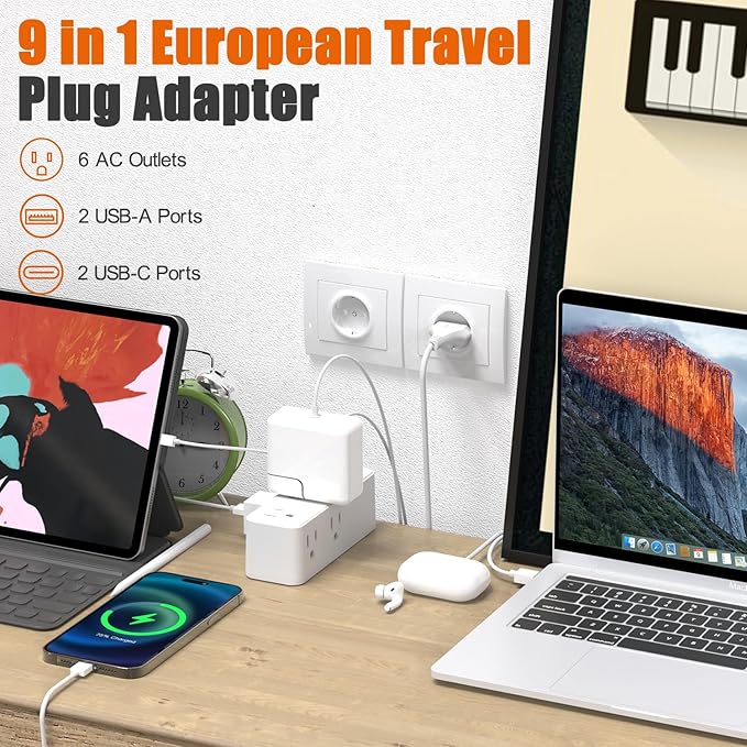 European Travel Plug Adapter,WRXDMC Universal Power Adapter for EU UK DE JP,6 AC Outlets,4 USB Ports with 5ft Extension Cord,International Power Strip,Compact for Travel,Cruise Ship Must Have