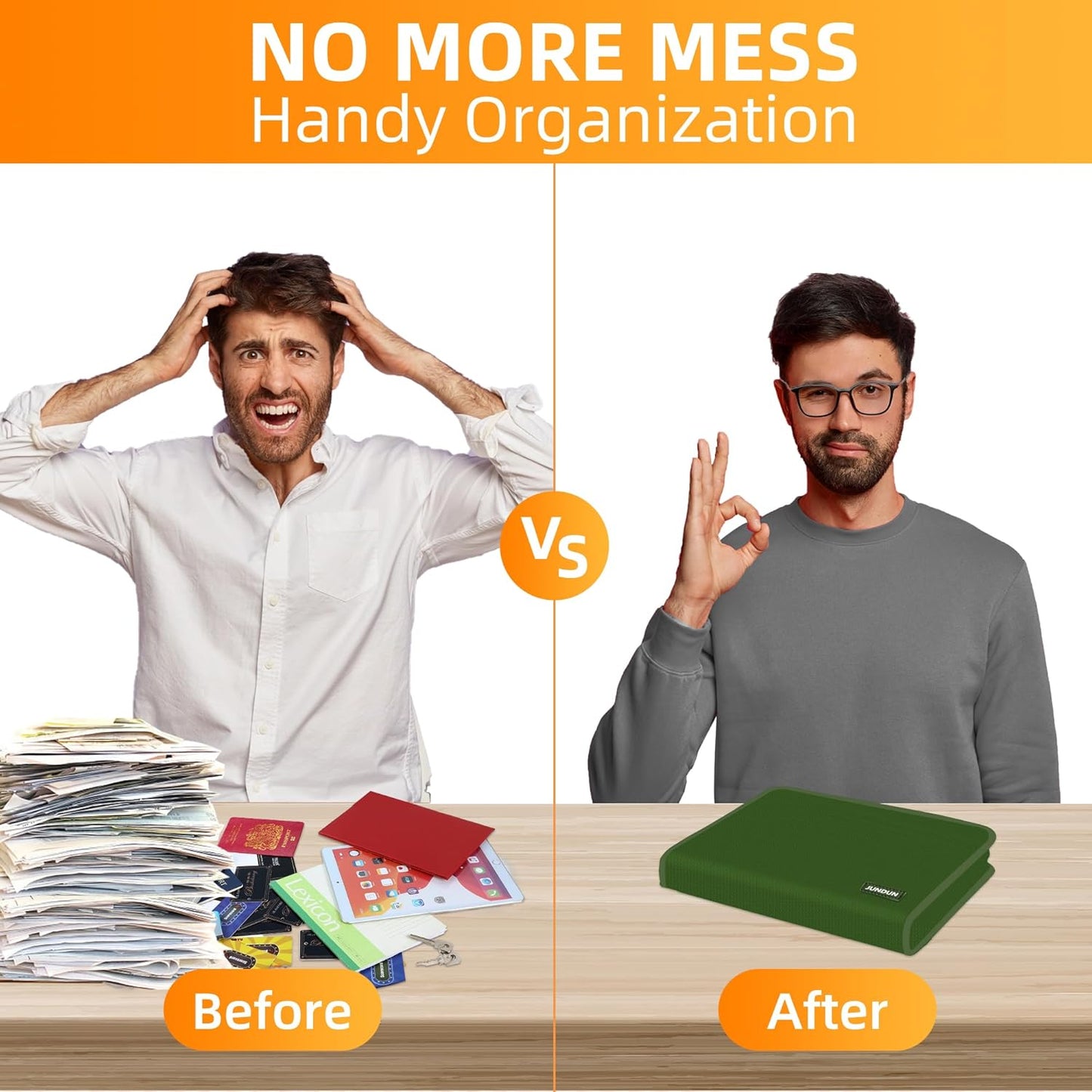 JUNDUN Accordion File Organizer - Fireproof Accordion Folder with Zipper & Labels - 12 Pocket Expanding File Folder with Multi-Pockets Paper Organizer Folder for Letter A4 Files More (Green)