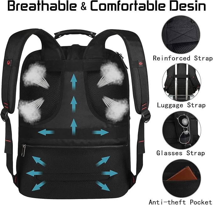 18.4 Laptop Backpack for Men, 55L-60L Extra Large Gaming Laptops Backpack with USB Charger Port, TSA Friendly Flight Approved RFID Anti-theft Pocket, Water Resistant Suiltable for Travel Business Work