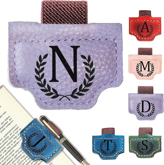 Personalized Bygone Mark Bookmark with Pen Holder, Leather Magnetic Bookmark 26 Letters Name Initial Bookmarks for Readers, Book Lover Gifts for Women Men Notebook Accessories (Purple, N)