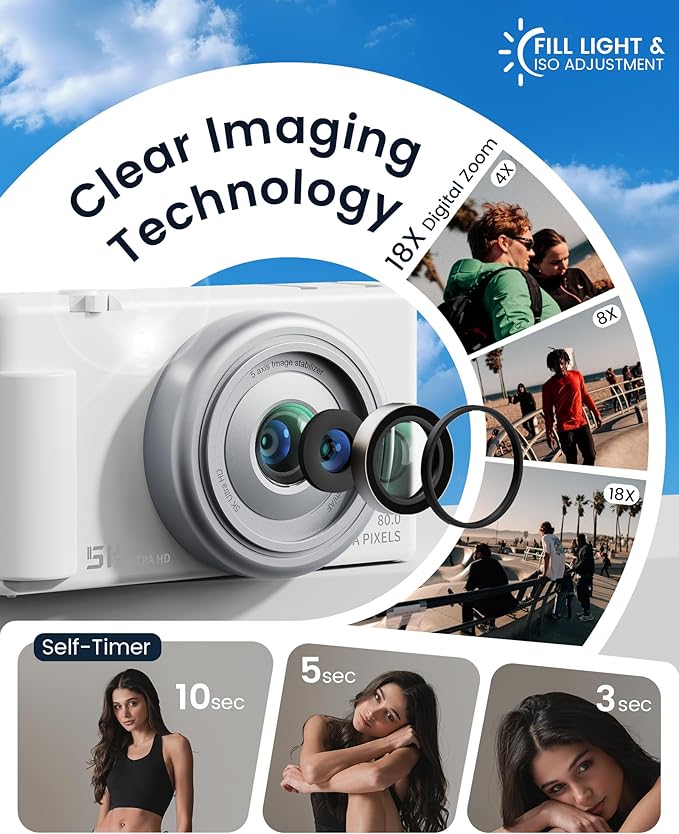 True 5K Digital Camera for Photography, Autofocus 80MP with 18X Digital Zoom 3" 270°Flip Screen Dual-Lens Selfie Camera for YouTube Vlogging & Content Creation, 2 Batteries, 32GB Card & Flash，White