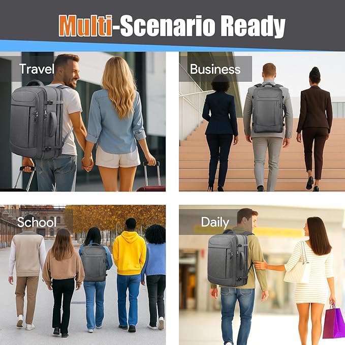 Carry On Backpack, 55L Travel Laptop Backpack, Anti-Theft TSA Flight Approved Large Laptop Bag, Sturdy 18.4 Inch Lightweight Expandable 50L - 60L Water Resistant Business Bag for Men, Grey