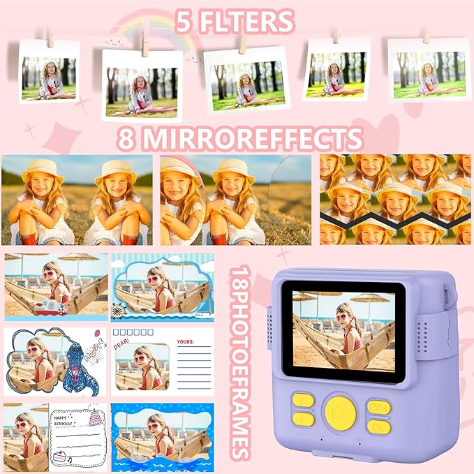 Instant Print Camera for Kids,Christmas Birthday Gifts for Age 3-12 Girls Boys，1080P HD Digital Video Cameras for Toddler,Kids Portable Toy with 3 Rolls Photo Paper，32GB Card-Purple