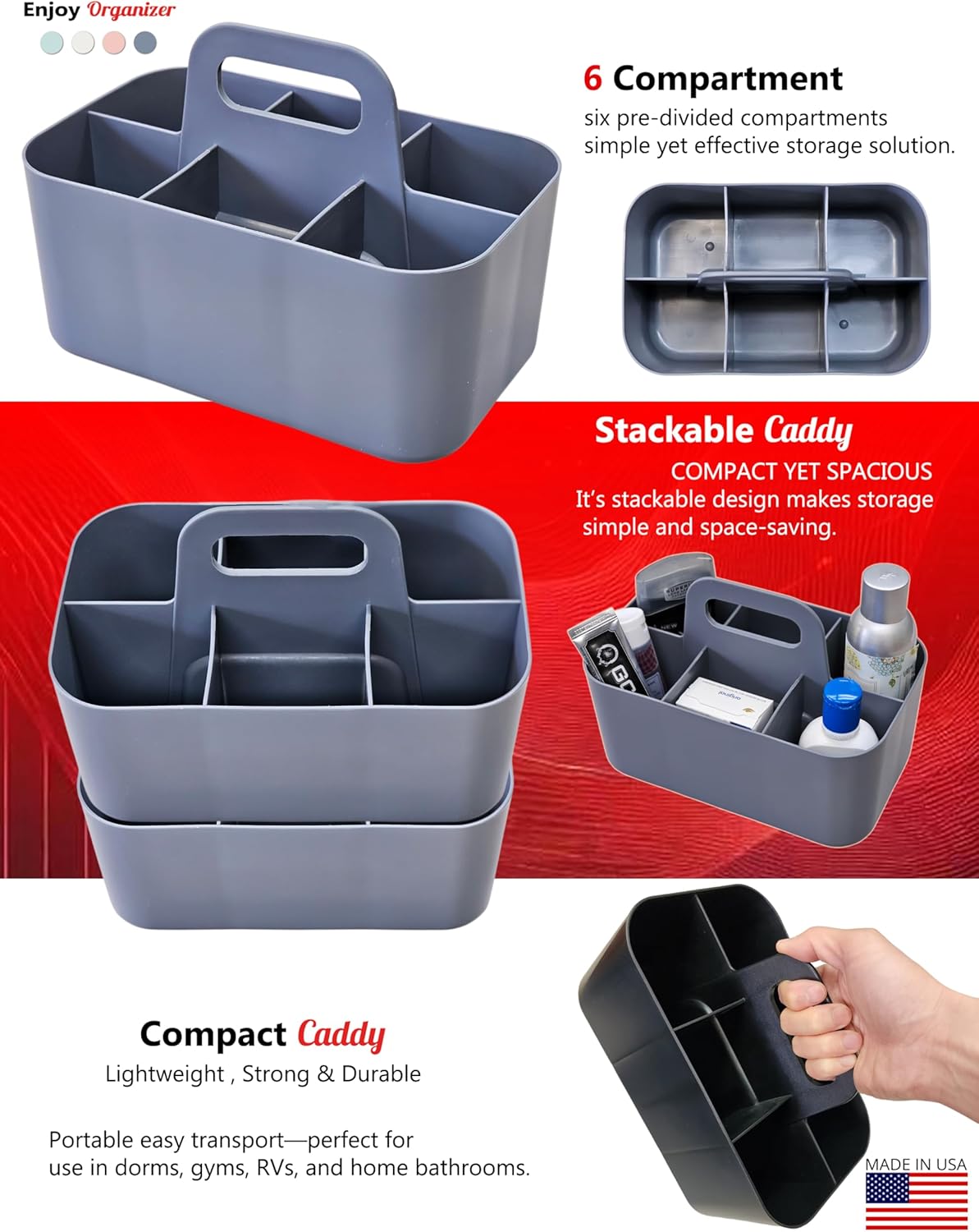 Small Stackable Plastic Caddy with Handle 6 Compartment | Desk, Makeup, Dorm Caddy, Classroom Art Organizers - 4 Pack, Made In USA (Orion Gray)