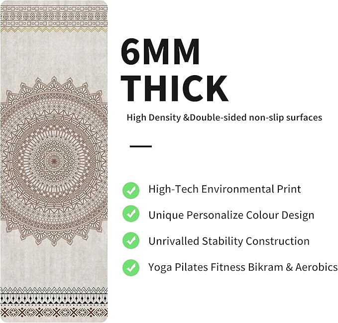 nuveti Yoga Mat Print Extra Thick TPE Non Slip Fitness Exercise Mat with Carrying Bag,72"x24" Extra Thick 6MM Exercise & Workout Mat for Yoga, Pilates Fitness and Floor Exercises