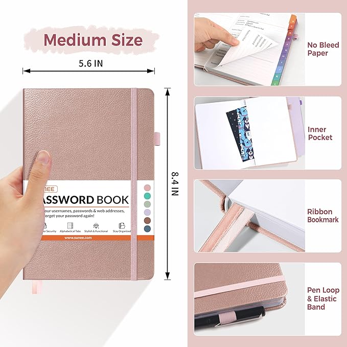 SUNEE Password Book with Colorful Alphabetical Tabs, Password Books for Seniors, Password Keeper Book for Computer and Internet Address Website Login, 5.3''x 7.7''- Rose Gold