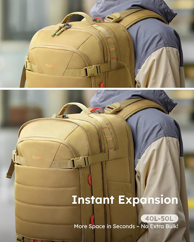 Tolaccea Carry on Travel Backpack, TSA Friendly Flight Approved Laptop Backpack Duffle Bag for Men Women with Dual Laptop Storage for 17.3", USB Charging Port, Business Rucksack 40L-50L Expandable