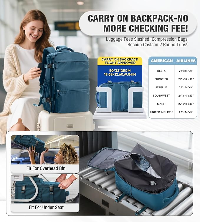 Vacuum Travel Backpack with Pump for Women,Airback Personal Item Carry on Backpacks Flight Approved for Men,Laptop Waterproof Work Compression bags Casual Daypack(Blue)