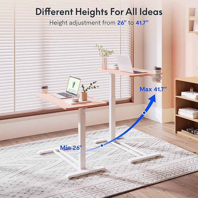 FLEXISPOT H7 Adjustable Overbed Bedside Table with Wheels Pneumatic Mobile Standing Desk Laptop Desk Rolling Computer Cart Movable Overbed Table Hospital Home Use(27.6" W x 15.7" D, Pink)