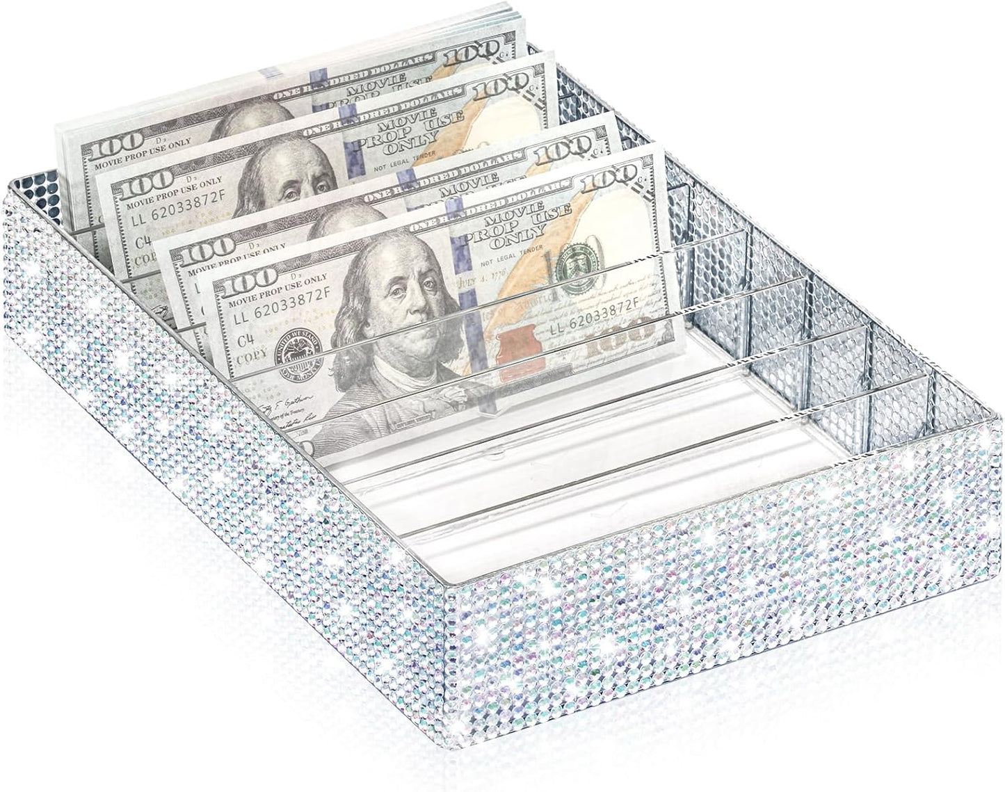 XUWAIDSGN Large Acrylic Diamond Money Organizer 8 Section Clear Money Budget Tray Organizer Plastic Divider Bill Storage Holder for Cash Envelope