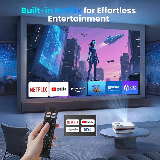 [Netflix App/Dolby Audio] FUDONI Smart Projector with WiFi and Bluetooth, Native 1080P 25000L 4K Decoding for Home Cinema, Outdoor Movie Projector with Apps, Built-in Netflix/YouTube/Prime Video
