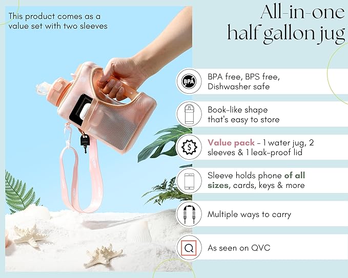 H2O Capsule Half Gallon Cube Square Water Bottle value pack - 2.2L Water Bottle with Strap, 2 Storage Sleeves, Covered Straw Lid – BPA Free Reusable Sports Water Jug with Handle, (68 Ounce)