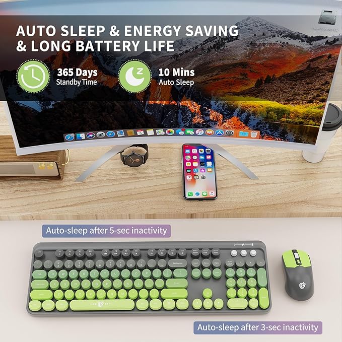 FD Wireless Keyboard and Mouse Combo | Cute Colorful Keyboard and Mouse with 2.4GHz Cordless Retro Typewriter Keyboard | Auto-Sleep | USB Receiver for Windows PC/Laptop - Grey Green Gradient