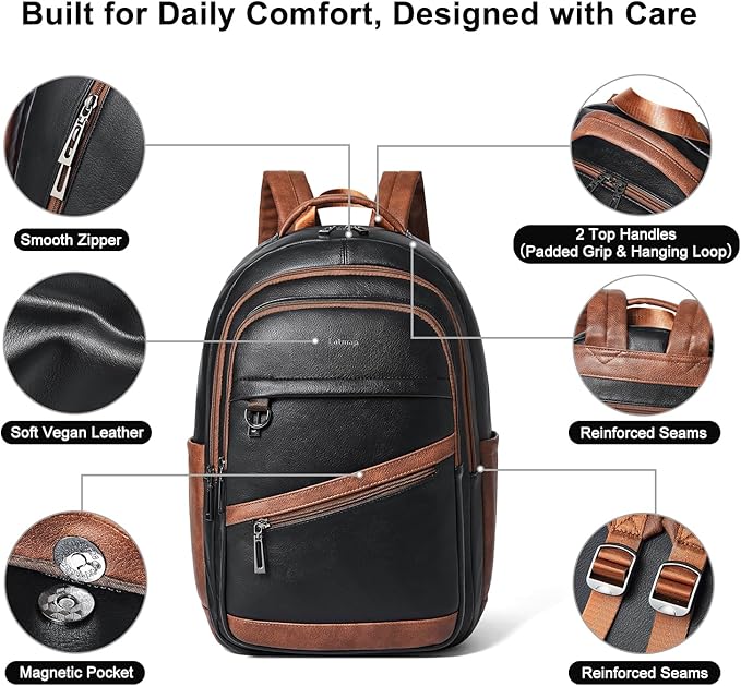 43L Backpack for Women Men - Vegan Leather Backpack Purse Travel Carry-on Bag College Bookbag Work fits 17" Laptop,Black&Brown