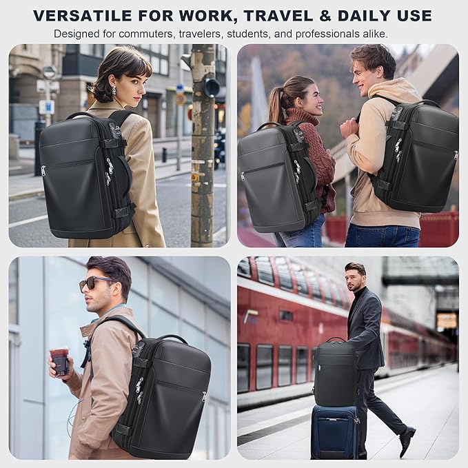 Vacuum Backpack Travel – Expandable Compression Carry On Backpack with Vacuum Pump, Water-Resistant TSA Lock Travel Bag, 17" Laptop Backpack for Men Women, Business Airplane Flight Luggage, Black