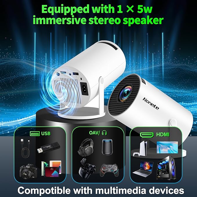 【Built-in Apps】Mini Projector 1080P, 4K Projector Full HD with WIFI 6 and Bluetooth 5.2, Support 270° Rotatable Portable Projector with Auto Keystone Correction,Compatible with Phone/HDMI/USB-White
