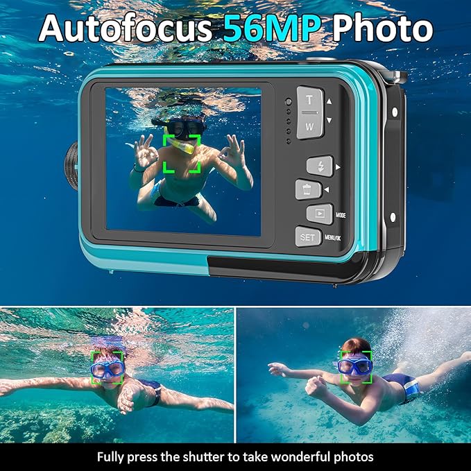 4K Underwater Camera 11FT Waterproof Camera with 32GB Card 56MP Autofocus Dual-Screen Selfie Underwater Camera for Snorkeling Waterproof Compact Floatable Digital Camera 1250mAh Battery Type-C (Blue)