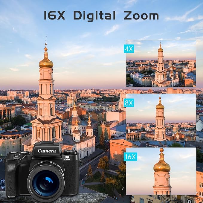 8K Digital Camera for Photography, WiFi Touchscreen Vlogging Cameras for YouTube with Autofocus,16X Digital Zoom Video Camera with 3000mAh Battery, Dual-Lens, Lens Hood, 32GB TF Card,Black